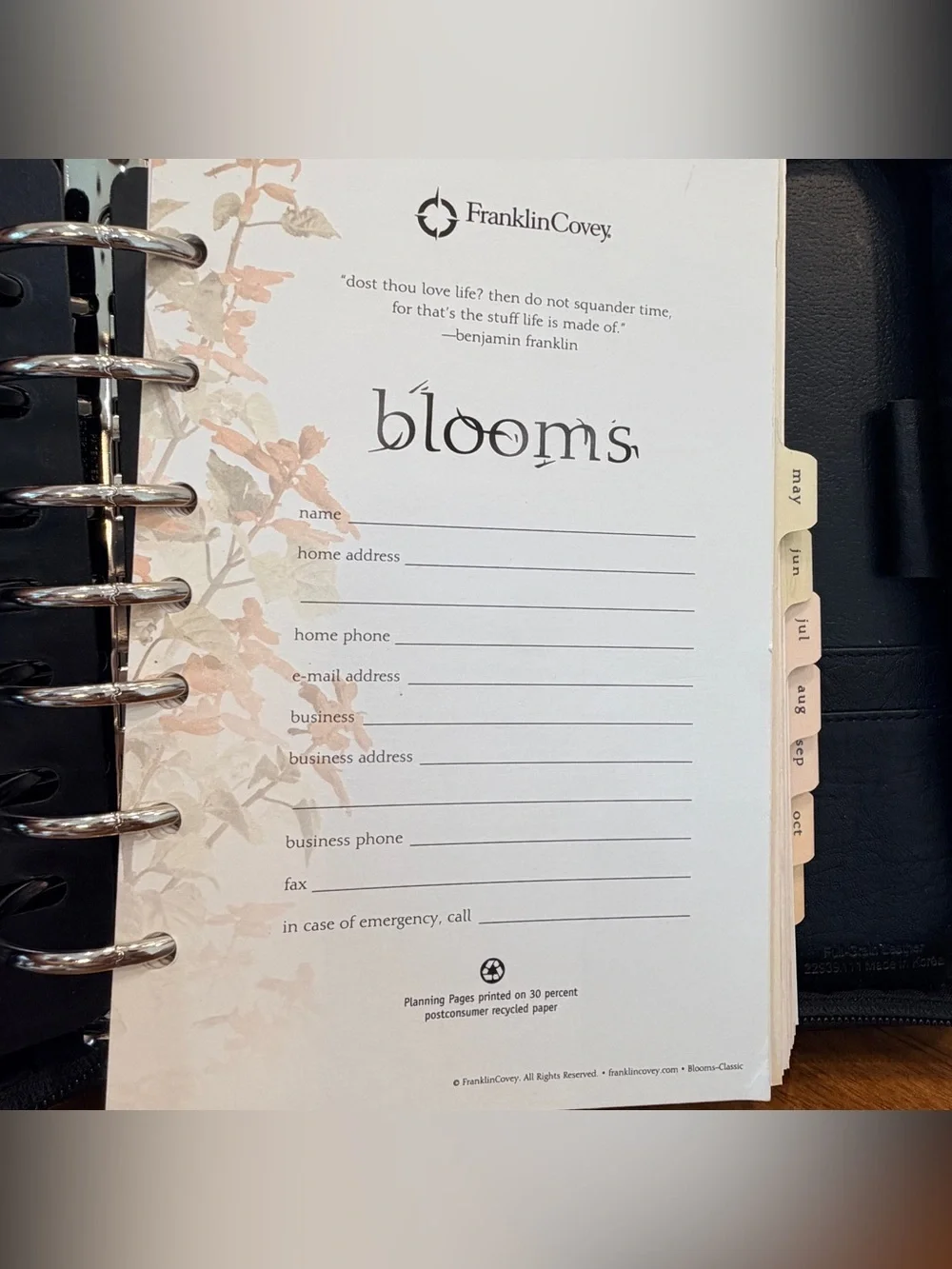 Franklin Covey Classic Black Full Grain Leather Zip Planner Korea Blooms 90s Y2K